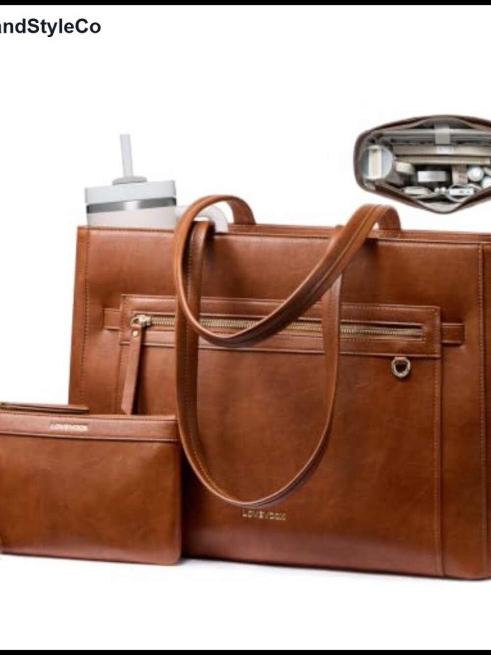 PU Leather Laptop Tote Bag for Women 15.6 Inch with Clutch & Cup Holder